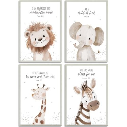 4Pcs Nursery Bible Verse Animal Canvas Wall Art Funny Cute Safari Animals Christian Painting Picture Wall Decor Lions Elephant Giraffe Zebra Poster Print Artwork for Boys and Girls Home Decoration