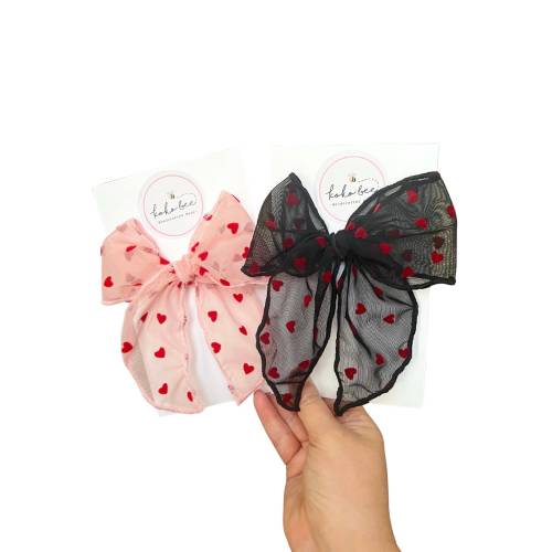 Pink & Black Tulle Red Hearts flowy  Valentines Day FLOWY mesh XL and Mini Brynn Style Bow (long tail)/Baby Girl/Toddler/Hearts
