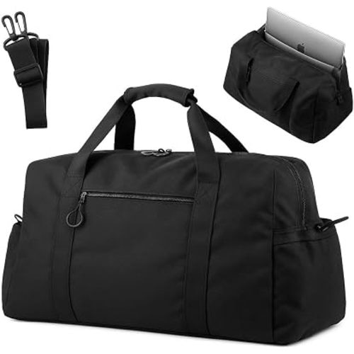 FOREGOER Weekender Travel Bag with Laptop Compartment 26L, 20×10×8 Personal Item Duffle Bag, Waterproof Nylon Carry-On Overnight Travel Bag for women men, Hospital Bag for Labor and Delivery(Black)