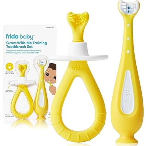 Frida Baby Grow-with-Me Training Toothbrush Set, Battery Powered | Infant to Toddler Toothbrush Oral Care for Sensitive Gums, Yellow, White