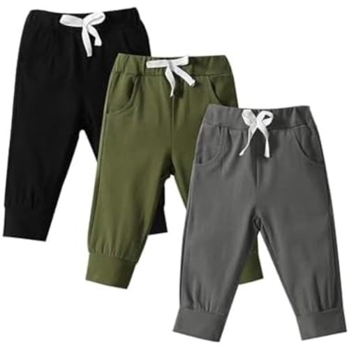 Pivanzore Toddler Baby Boys Girls Sweatpants 3 Pack Solid Color Elastic Waist Bottom Pants Newborn Infant Trousers