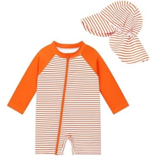 UPF 50+ Baby Toddler Boy One Piece Swimsuit with Sun Hat Long Sleeve Zipper Rashguard Bathing Suit for Infant