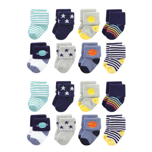 Hudson Baby Cotton Rich Baby Terry Socks 16-Pack, Solar System, 0-6 Months