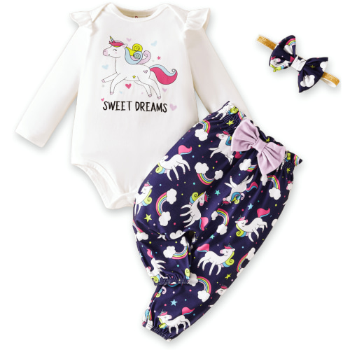 PatPat Baby Girl Clothes Long Sleeve Romper Unicorn Print Pants Headband Outfit Set Birthday Gift Newborn Infant Girl Clothes 3-6 Months