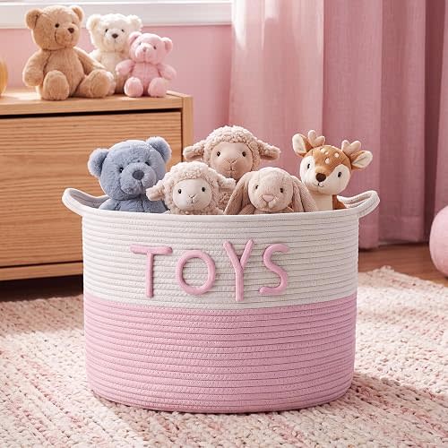 Novabright Large Woven Cotton Rope Basket Toy Box,Round,Pink