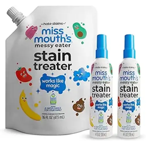 Miss Mouth’s Messy Eater Stain Treater Refill Ready Kit - 2 Pack Stain Remover Spray and 16oz Refill Pouch - Newborn & Baby Essentials - Food, Grease, Coffee Off Laundry, Underwear, Fabric