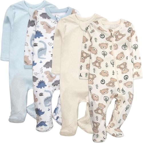 Baby Essentials Boys Footie Newborn Outfits, 4 Pack Patterned and Solid Long Sleeve Zip-Up Sleep and Play