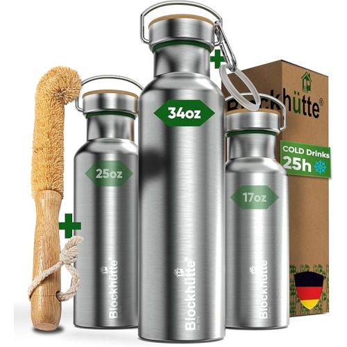 Blockhuette Vacuum Insulated Stainless Steel Water Bottle I 34 oz I Wide Mouth Insulated Metal Bottle for Cold Drinks I BPA-Free I Perfect for Travel, School, Kids, Adults, Water Canteen