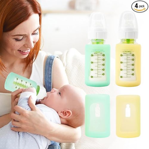 4PCS Silicone Baby Bottle Sleeves for Dr. Brown Glass Baby Bottles 4oz, Anti Breakage Baby Bottle Sleeves, Narrow Sleeve with a Cutout, Clear Vision, Dishwasher Safe, 4oz