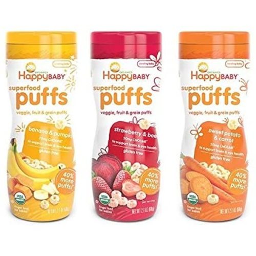 Happy Baby Organic Puffs 2.1 Oz Mixed 3 Pack (1 Strawberry, 1 Bananna, 1 Sweet Potato)