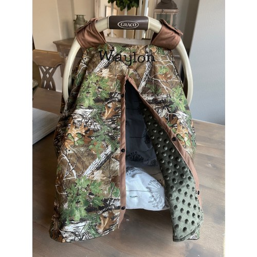Baby Boy Car seat Cover - Hunting Camo Trees Leaves with minky - baby shower gift
