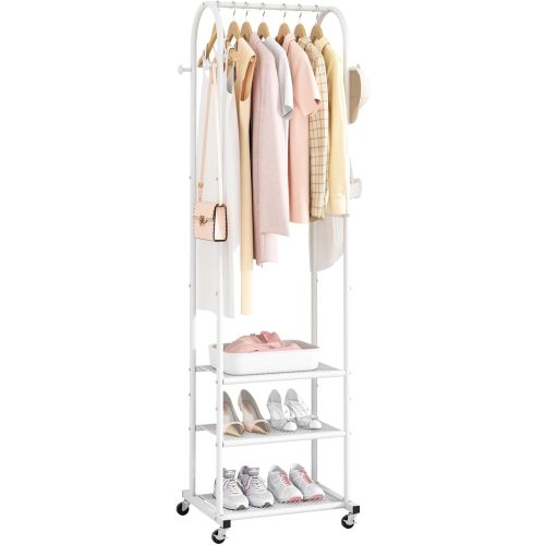 Heavy Duty Clothing Rack with Wheels,Modern Garment Rack with 3 Metal Shelves, 71.8Inches Display Rack for Hanging Clothes, Hanging Rod for Small Spaces,White