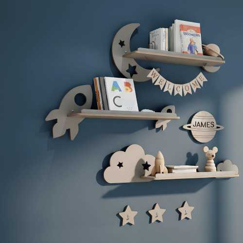 Personalized Space Theme Floating Bookshelf for Kids | Montessori Wooden Nursery Wall Shelves | Outer Space Decor for Baby & Toddler Room