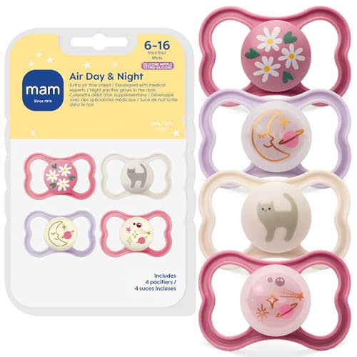 MAM Air Pacifier for Babies 6-16 Months, Extra Air Flow for Sensitive Skin, Glows in The Dark, Developed with Medical Experts, BPA-Free Skin Soft Silicone, 4 Count, Made in Europe