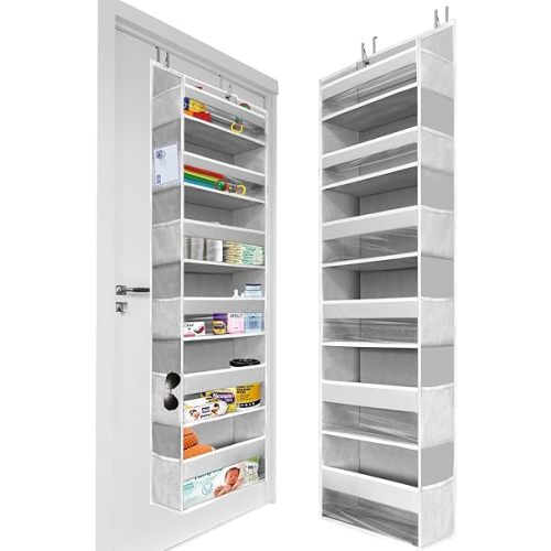 HOMELUX THEORY 1 PC Heavy Duty Over the Door Organizer 55x14x6.7, 6 Large Front & 12 Side Pockets, Hanging Storage Closet Door Organizer for Bedroom, Bathroom and Baby Nursery Storage (Light Gray)