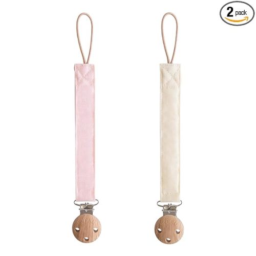 mushie Linen Baby Pacifier Clip Holder | Soft Fabric Strap, 2-Pack (Blush/Cream)