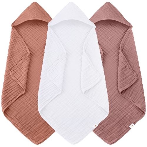 Sunny zzzZZ Muslin Hooded Baby Bath Towels - 3 Pack 100% Cotton Soft Low-Saturation Pastel Towels Including Classic White for Newborns, Infants, Toddlers - 32x32 Inch - Deep Bean Paste and White