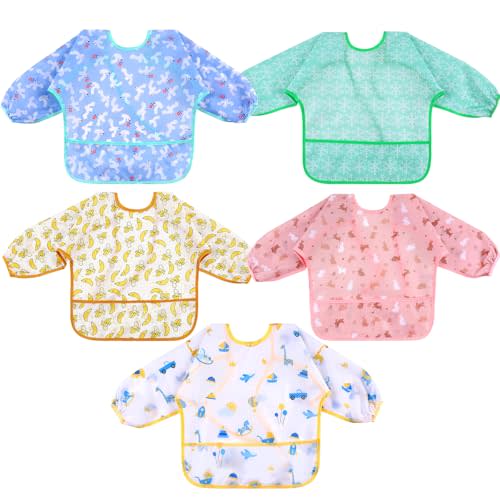 Lictin Long Sleeve Bibs 5 Pack - Baby Bibs, Waterproof Toddler Bibs, Baby Smock for Eating, Baby Bibs for Feeding Teething