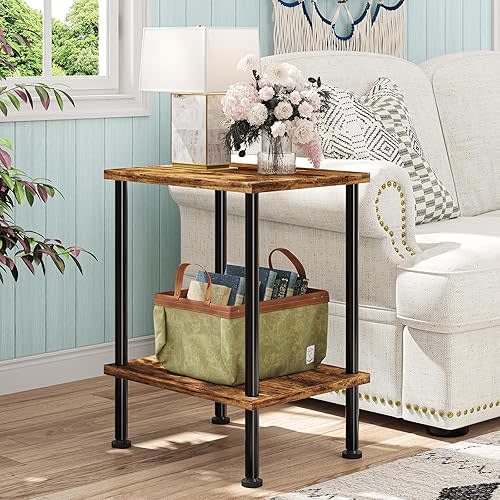 Simple Trending Small Side Table, End Table Living Room, Nightstand with 2 Tier Storage Shelves, Sofa Couch Table for Small Spaces, Rustic Brown