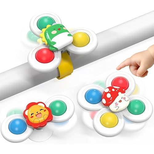 Joyfuture Baby Suction Spinner Toys, 3 Pcs with Suction Cups and Slap Bracelets, Bath Desktop Stroller Toys for Toddlers，Infant Gifts for 3 to 24 Months
