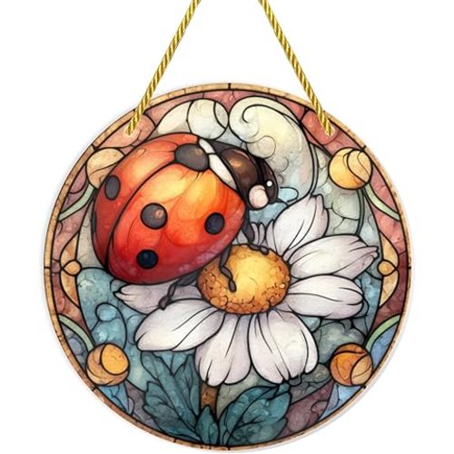 1PC Stained Glass Styles Ladybug on Daisies Acrylic Hanging Ornaments, 6×6inch Decorative Signs, Waindow Hanging Pendant for Rustic - Themed Home Decor, Wall Decor, Gifts Ideas, Garden