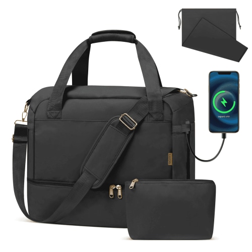 3 Pcs Set Travel Duffel Bag for Women, Weekender Overnight Bags with Shoe Compartment & Wet Pocket, Carry On Tote Bag Gym Duffel Bag with Shoes Bags for Hospital, Large Size, Black