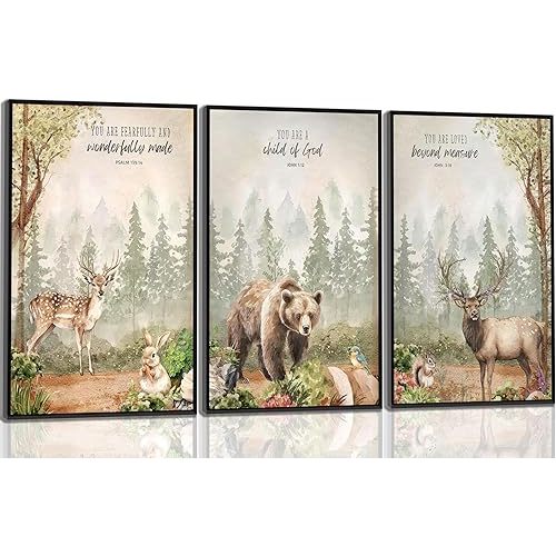 3Pcs Woodland Animal Nursery Wall Art Wild Animals Forest Posters Prints Deer Bear rabbit Christian Canvas Wall Decor for Boys Room Girls Room painting pictures Unframed