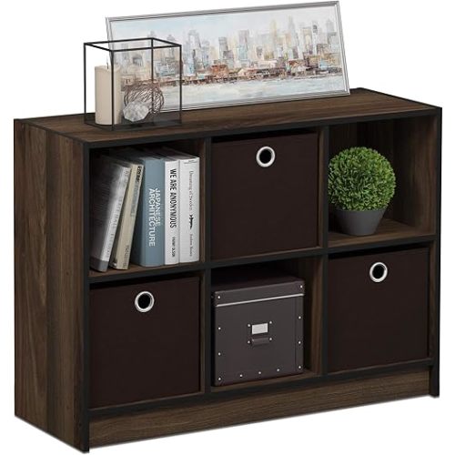 Furinno BASIC Book Shelf, 6-Cube Bookshelf with Open Shelf, 3 x 2 Bookcase with Storage Bins, Closed Back, Horizontal, 11.9" x 31.6" x 23.6", for Living Room, Bedroom, Home Office, Columbia Walnut