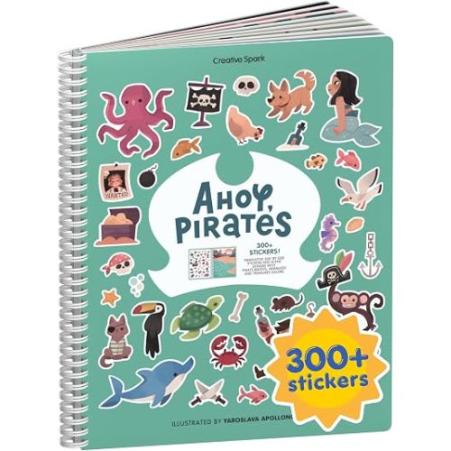 Cupkin Pirate Sticker Book Activity for Kids, Toddler Airplane Travel Essentials, 300+ Pirate Stickers for Kids + 8 Scenes + 8 Coloring Book Pages, Gift for Boys and Girls, Small Sticker Book