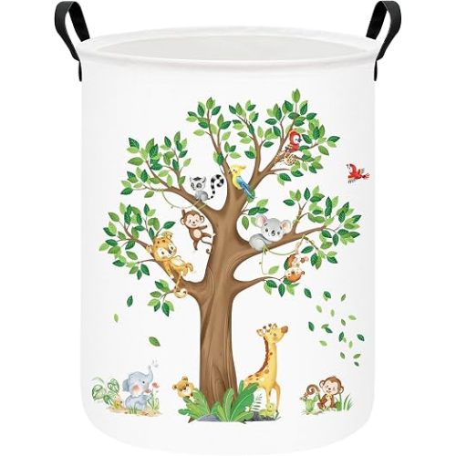Round Fabric Collapsible Storage Basket with Handles, Tree Animals