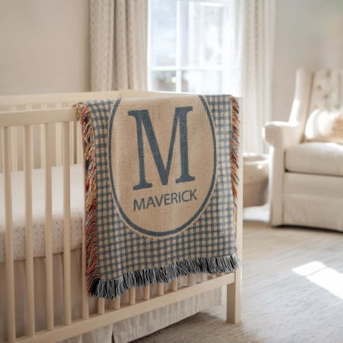 Checkered Baby Blanket, Custom Name Baby Blanket, Personalized Woven Throw Blanket For Newborn