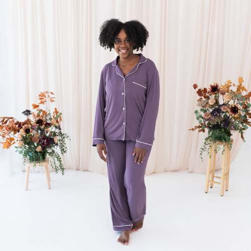 Women's Long Sleeve Pajama Set in Currant with Cloud Trim - Size L