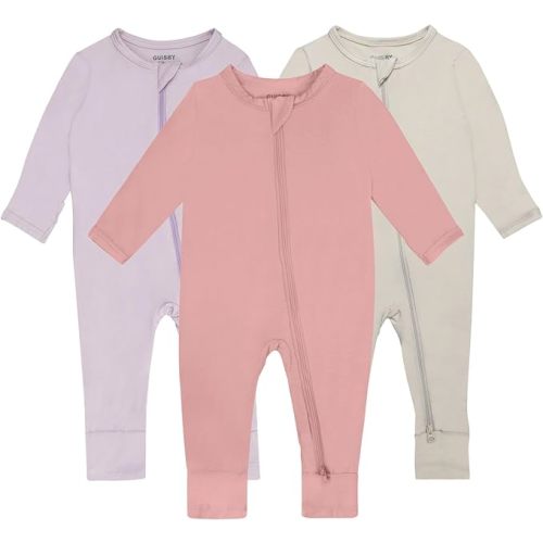 GUISBY Baby Pajamas with Mitten Cuffs - 3Pcs Girls Boys 2 Way Zipper Long Sleeve Rayon Sleepers - Oatmeal-mauve-peach - 6-12 Months