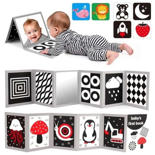 High Contrast Baby Toys Black and White Book Infants Toy Tummy Time Mirror for Babies 0-6 6-12 Months