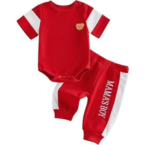 SAYOO Infant Baby Boy Clothes 3 6 12 18 Months Fall Winter Outfit Bear Romper Mama's Boy Embroidery Pants 2Pcs Tracksuit