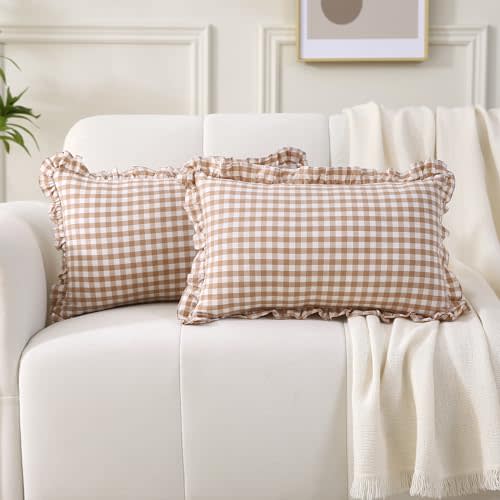2 Pack Taupe Plaid Ruffle Gingham Lumbar Throw Pillow Shams, 100% Washed Cotton Camel Brown Fall Decorative Checkered Farmhouse Pillow Covers for Bed/Sofa Zipper Closure - 12''x20''