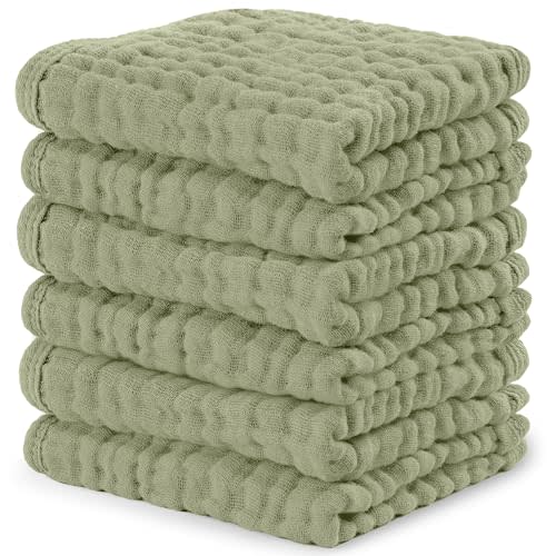 Comfy Cubs Muslin Baby Washcloths 6 Pack - Soft 6-Layer Cotton Wash Cloths for Sensitive Skin - 10"x10" Large, Gentle, Absorbent Infant Essentials for Newborn and Toddlers - Sage