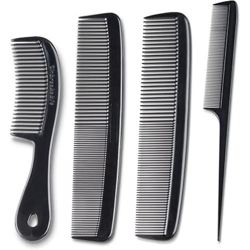 Mars Wellness 4 Piece Professional Black Comb Set for Women, Men -USA MADE