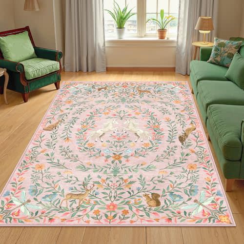 Machine Washable 5x7 Area Rugs for Living Room, Non Slip Soft Low Pile Unicorn Floral Farmhouse Moroccan Vintage Animal Playroom Girls Rugs for Bedroom, Large Carpet Rugs for Nurseries(Pink,5'x7')