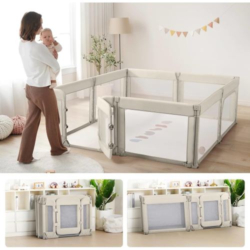 Large Baby Playpen for Babies and Toddlers 79x71 Inch, Adjustable Foldable Indoor & Outdoor Play Pen for Toddlers Twins Baby Fence Play Yards with Breathable Mesh Anti-Fall Playpen,Khaki