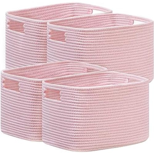UBBCARE 4 Pack Shelf Baskets, Larger Woven Storage Baskets for Organizing(14.5''L x 9.84''W x 9''H), Basket Organizer for Dog Toys, Books, Clothes, Large Gift Basket, Pink
