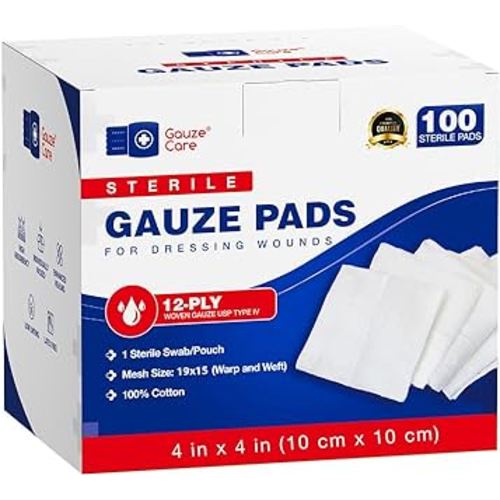 100pc Large Sterile Gauze Pads 4x4 Sterile for Wounds Bulk - 12ply Woven Gauze Sponges 4x4 Sterile - USP IV Breathable Mesh 4x4 Gauze Pads Sterile for Enhanced Absorption - First Aid Medical