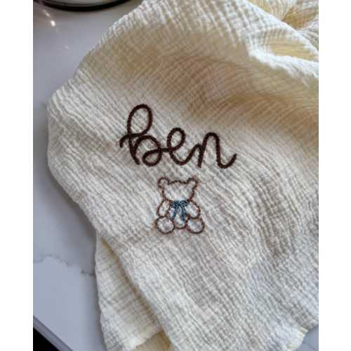 Personalized Hand Embroidered Baby Swaddle Blanket with Name and Icon - Cotton Muslin