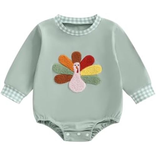 Newborn Baby Boy Thanksgiving Outfit Bubble Romper Turkey Embroidery Long Sleeve Onesie Fall Winter Clothes