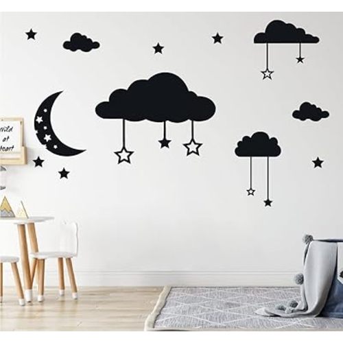 Clouds Moon and Stars Vinyl Wall Stickers Home Decor for Kids Room Baby Nursery Decals Mural AD05 (Black)