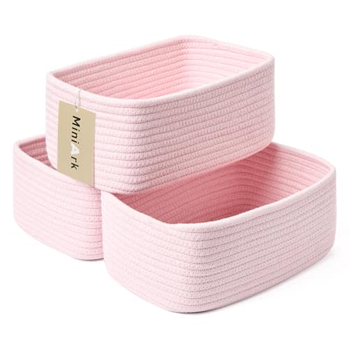MiniArk Small Storage Baskets for Organizing | Closet Organizer Bins | Shelf Toy Basket | Woven Rope Baskets | Cube Decorative Box | Shallow Basket | 11.5x7.5x4.7 | 3 Packs Light Pink
