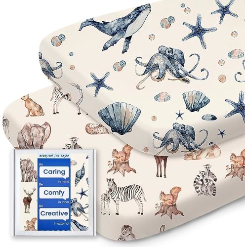 Bassinet Sheets for Baby Boy Girl, TotBasic Buttery Soft Universal Bassinet Fitted Sheet, Compatible with Halo, Mika Micky, Baby Delight, Dream On Me, Maxi COSI and More Bassinet Mattress(Ocean&Zoo)