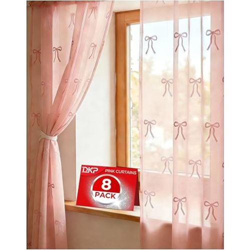 DKP Pink Curtains for Girls Room, 84 Inch Length Sheer Voile Window Panels with Embroidered Pink Bow, with a Bow Pillowcase and Art Poster, Shades for Home, Party Office Decor