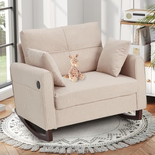 HOMREST Rocking Chair, Upholstered Nursery Rocking Chair with High Back and Side Pocket USB Port, Double Wide Rocker Glider Chairs with Wood Legs for Living Room, Bedroom, Nursery, Beige