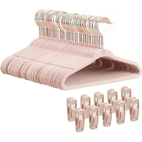 Kids Velvet Hanger 50 Pack, 11 Inch Baby Hangers with 10 Clips, Premium Non-Slip Newborn & Toddler Clothes Hangers with 360° Rose Gold Swivel Hook & Space-Saving Stackable Design, Pink